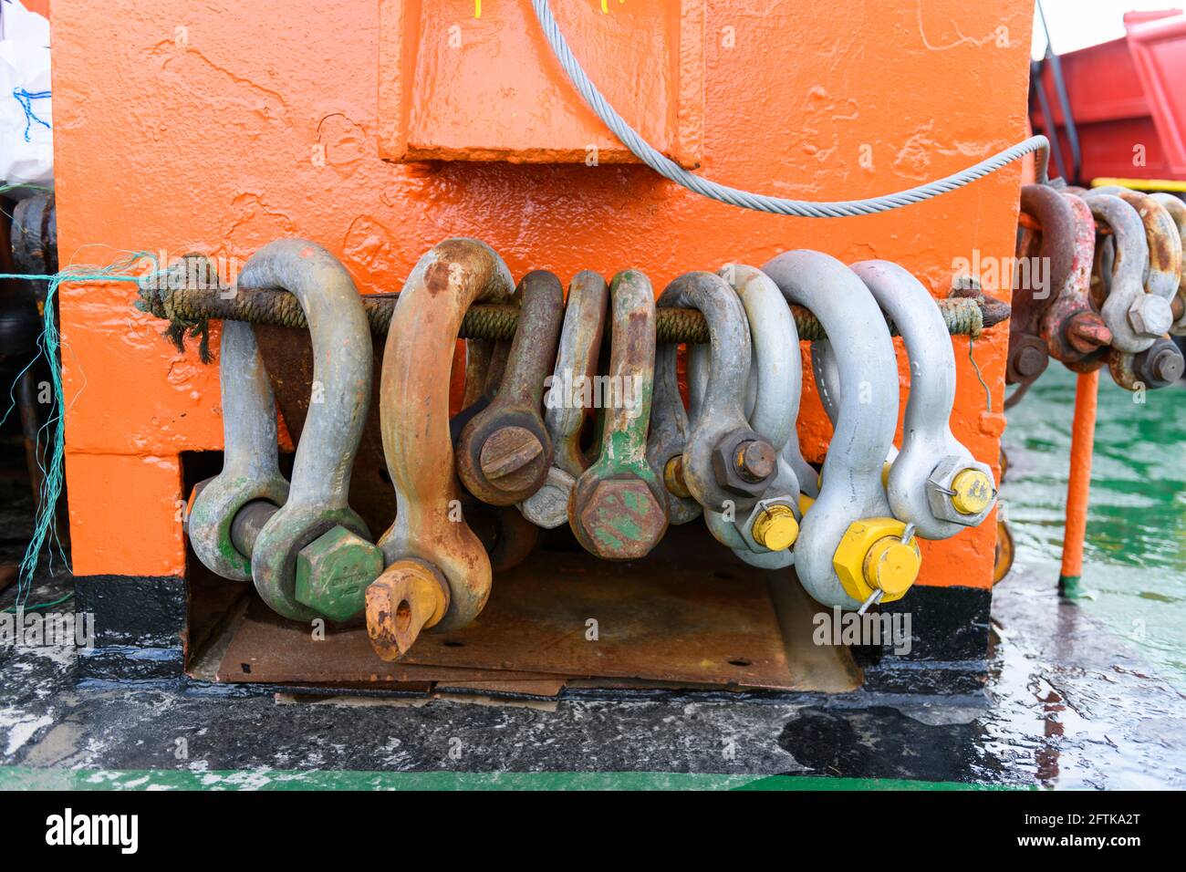 Big steel shackles on offshore supply vessel. Towing equipment Stock