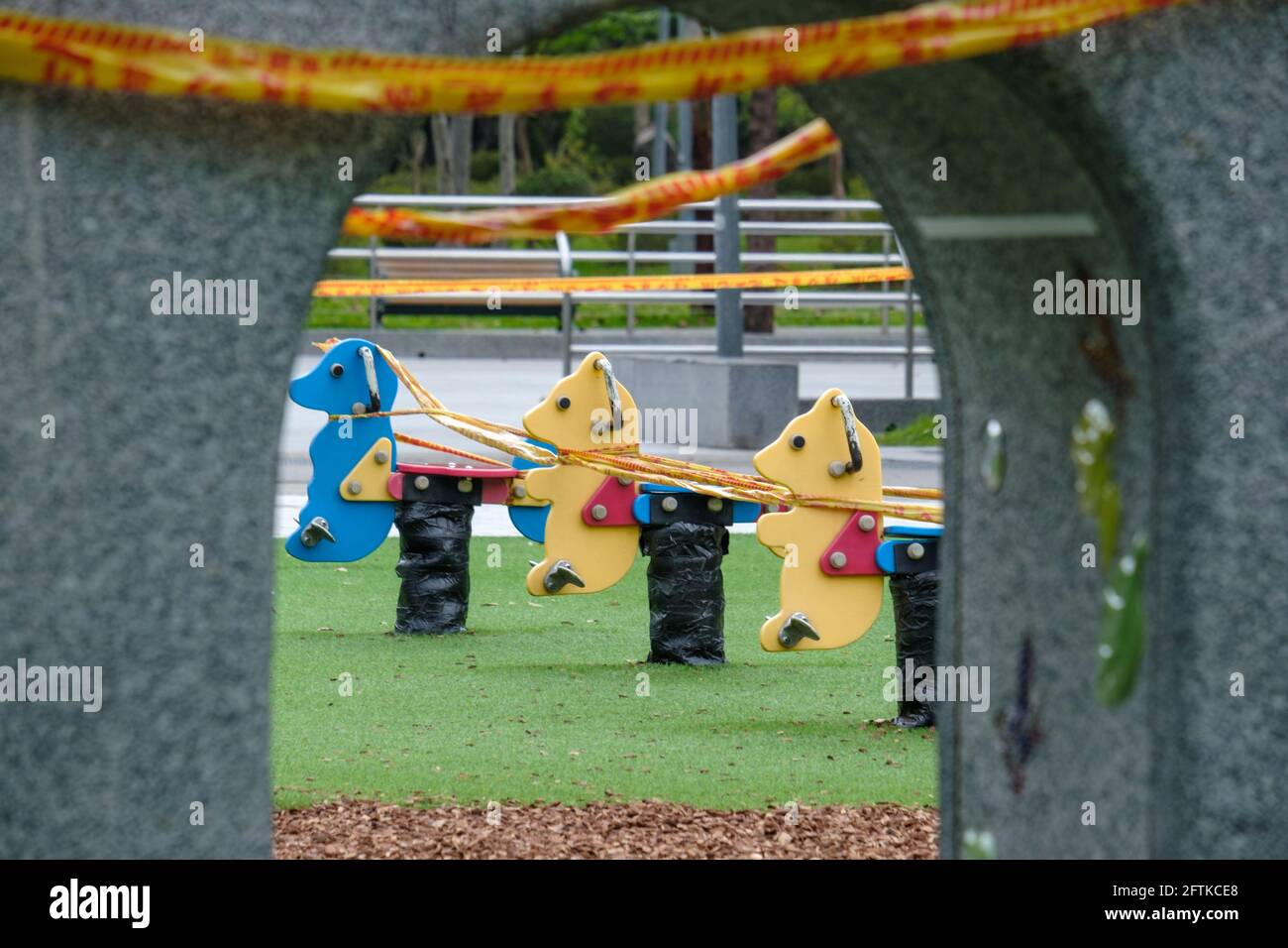 Taipei, Taiwan. 21st May, 2021. Daan Forest Park playground seen being isolated by a security cordon.Taiwan confirmed 315 new cases of COVID-19 after the authorities raised the COVID-19 alert to Level 3 nationwide. Credit: SOPA Images Limited/Alamy Live News Stock Photo