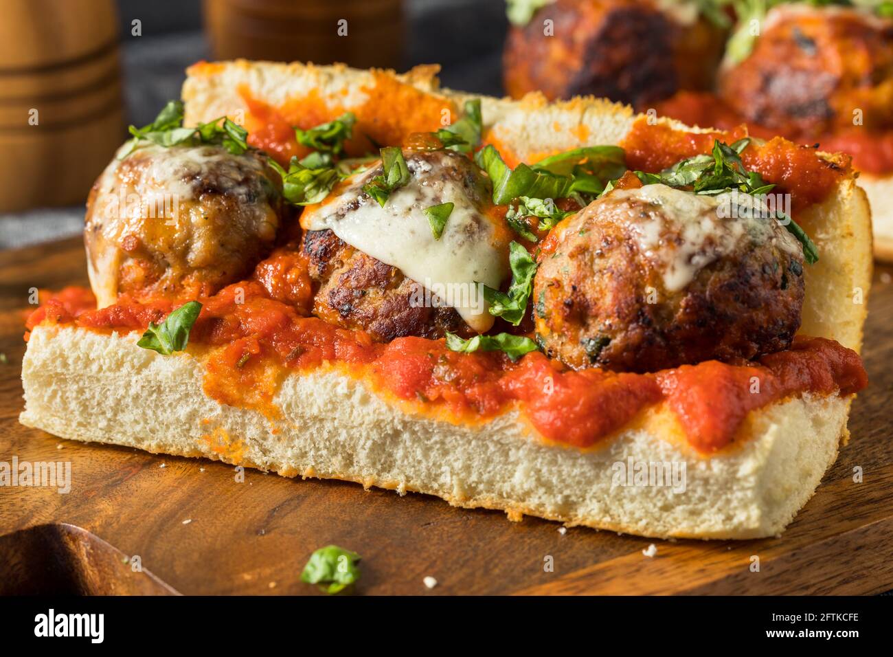 Homemade Cheesy Meatball Sub Sandwich with Marinara and Provolone Stock