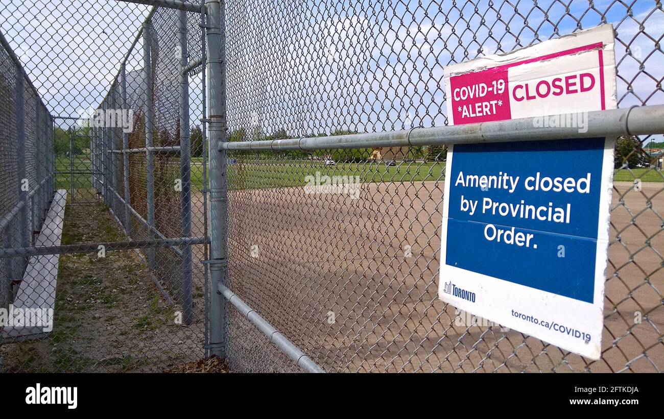 Toronto, Ontario, Canada - 19th May 2021: An amenity closed sign at baseball park in Toronto, Canada. Stock Photo