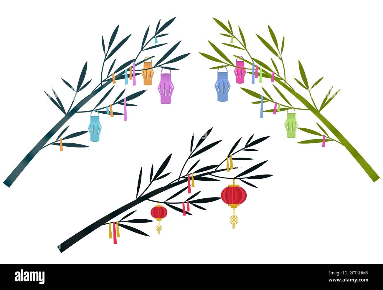 Tanabata Japanese traditional festival background banner. Bamboo decorated with paper lanterns. Vector illustration Stock Vector
