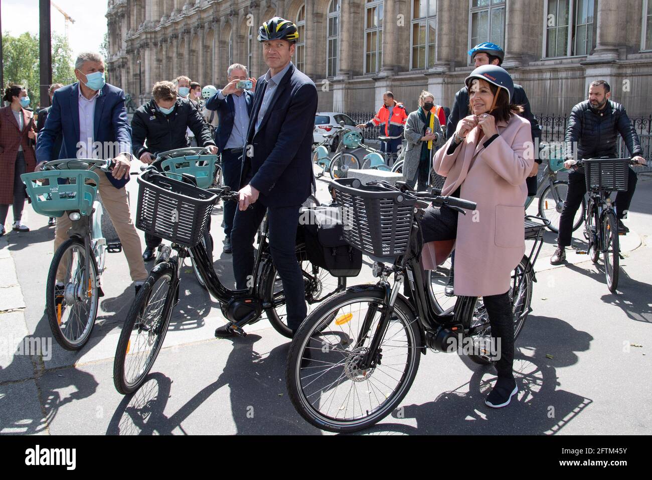 Bernard Thevenet, Christian Prudhomme, Mayor of Paris Anne Hidalgo are seen  riding bicycles as the city of Paris obtains the Label 'Ville A Velo du  Tour de France' (Tour de France Cycle