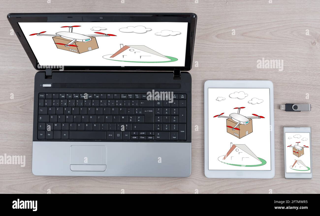 Drone delivery concept shown on different information technology devices Stock Photo