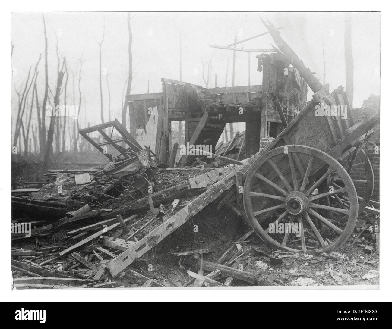World War One, WWI, Western Front - A shattered dwelling with destroyed cart, Le Barque, Baupaume, Pas-de-Calais Department, Hauts-de-France, France Stock Photo