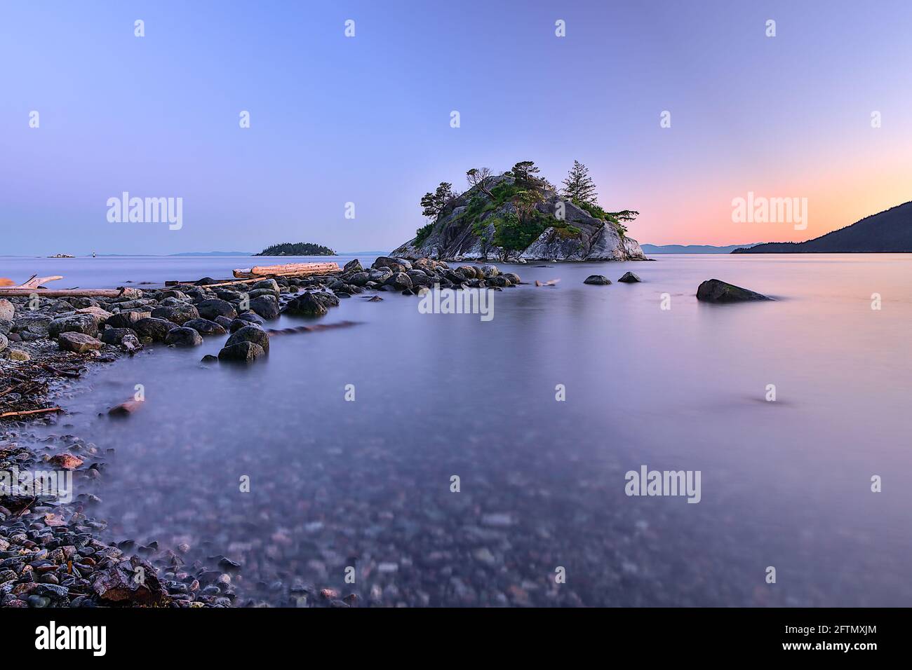 Long exposure shot of Whyte Islet during sunset, Whytecliff Park, West Vancouver, British Columbia, Canada Stock Photo