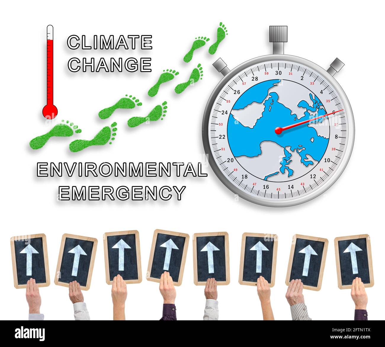 Hands holding writing slates with arrows pointing on global warming concept Stock Photo