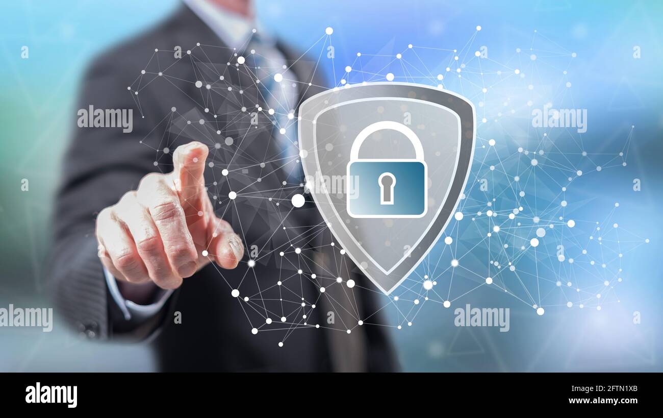Man touching a data security concept on a touch screen with his fingers ...