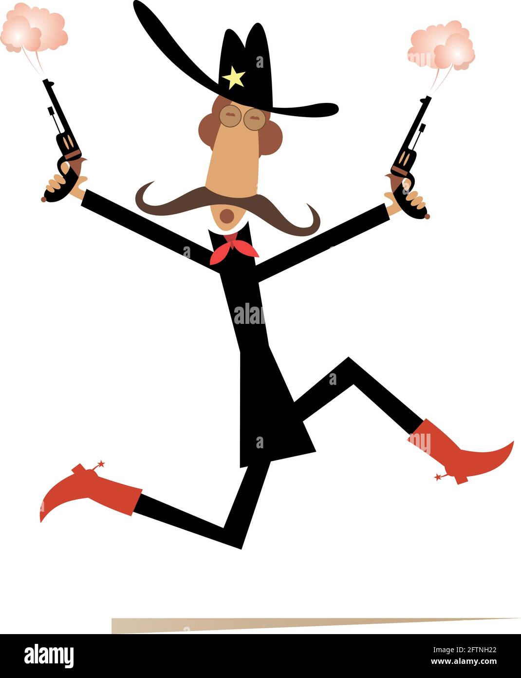 Comic man with guns in the hands illustration. Running cowboy in the big hat fires the pistols isolated on white Stock Vector