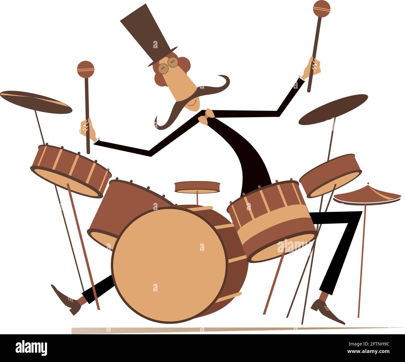 Funny mustache drummer isolated illustration. Mustache man in the top hat plays on drum kit isolated on white illustration Stock Vector