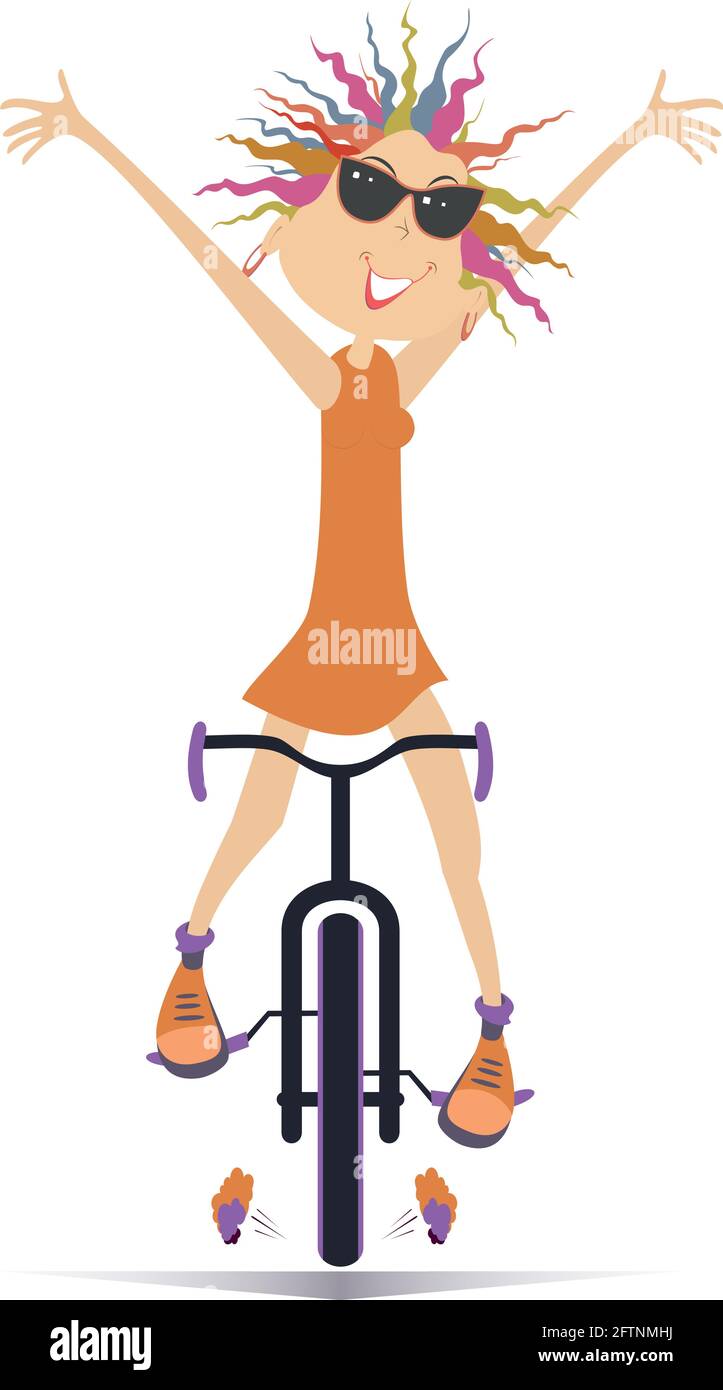 Cartoon cyclist woman rides a bike illustration. Happy cyclist young woman  in sunglasses rides a bike and raises hands overhead isolated on white  Stock Vector Image & Art - Alamy