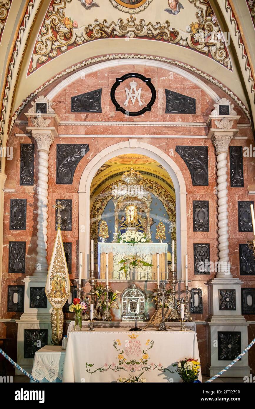 Alajar, Huelva, Spain - May 1, 2021: Main altar of Hermitage of Our Lady of the Angels from the 16th century in the Peña de Arias Montano (Rock of Ari Stock Photo