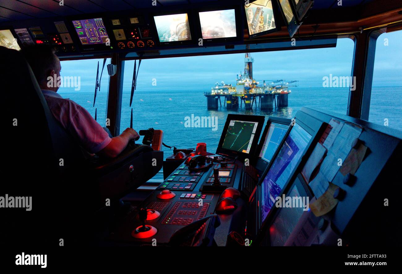 The Aft Bridge of a Anchor Handling Vessel involved in a rig move in the North Sea (2015) Stock Photo