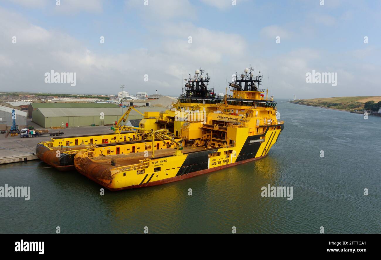 Anchor Handling Tugs moored in Montrose Harbour Scotland Stock Photo