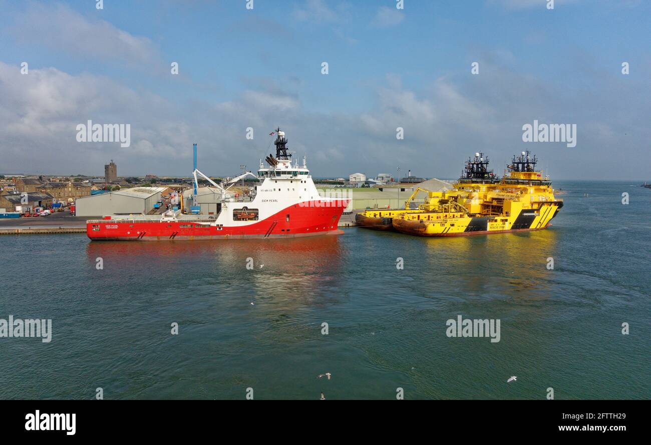Anchor Handling Tugs moored in Montrose Harbour Scotland Stock Photo