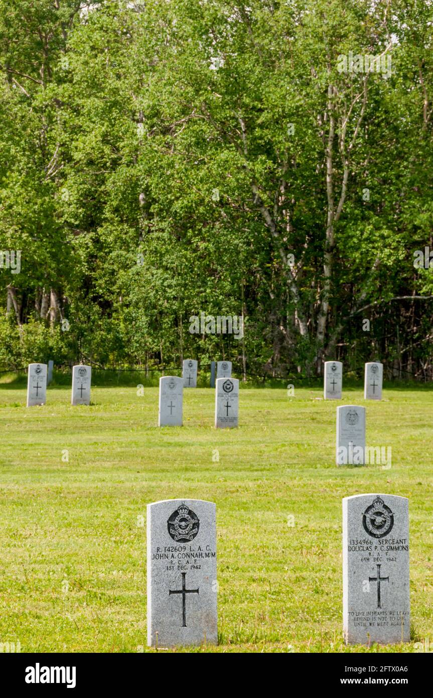 War graves at Gander Cemetery, Newfoundland.  The cemetery was set up near the airfield for burial of airmen who died in crashes during WW2. Stock Photo