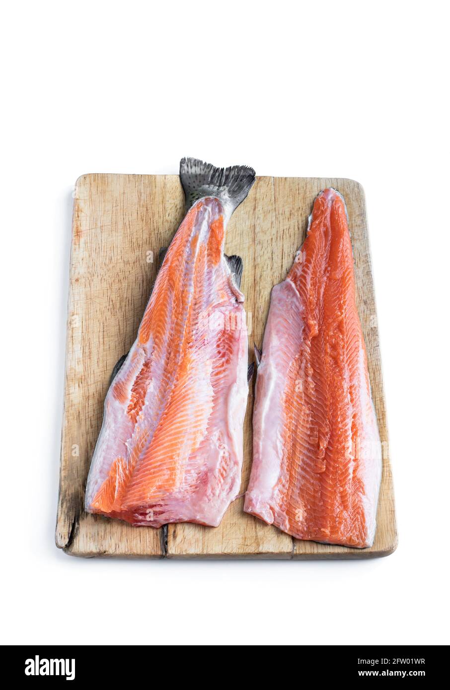 Trout fillet and half with bones isolated on white background Stock
