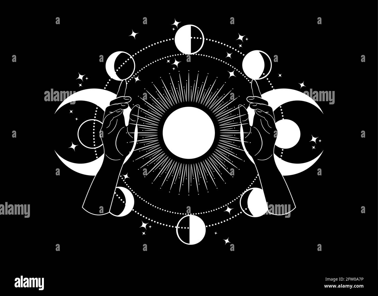 Mystical drawing woman hands hold the triple goddess, stars, Moon phases, Solar system. Wicca and pagan tradition. Alchemy, magic, esoteric, occultism Stock Vector