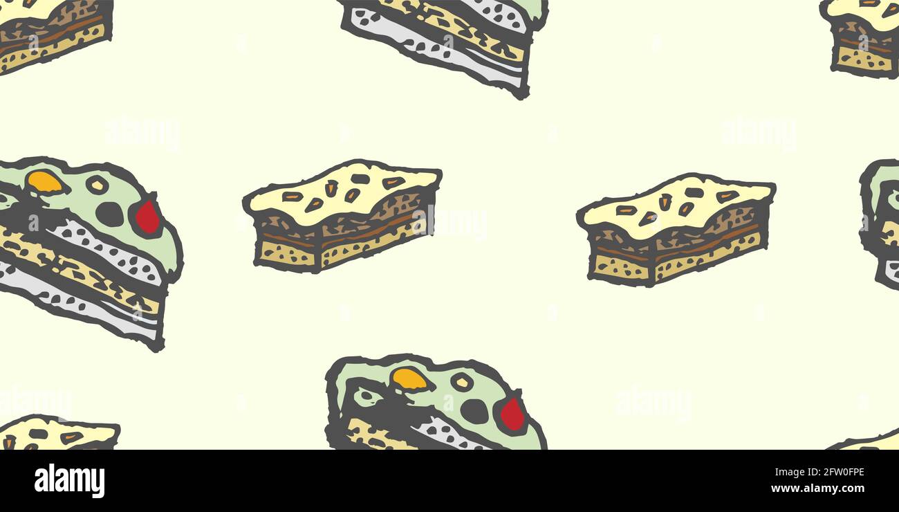 Pastries and cakes. Seamless pattern from the drawn pieces of cake ...