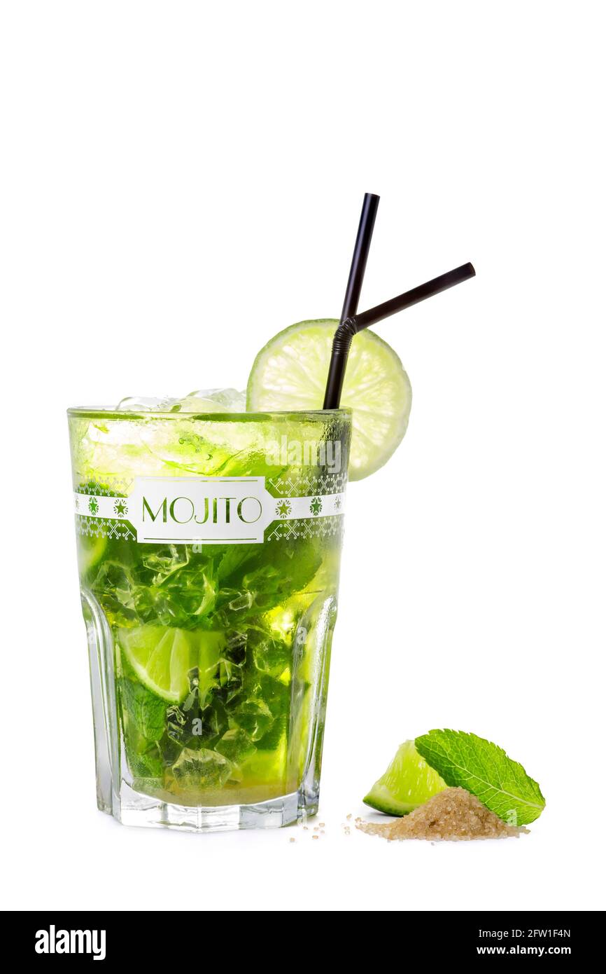 A Mojito cocktail photographed on a white background. Stock Photo