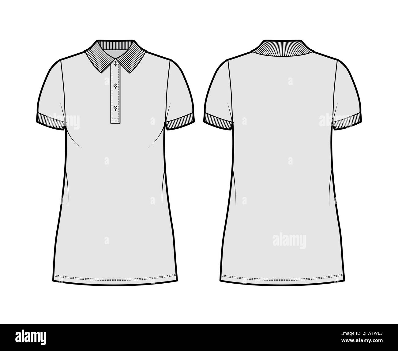 Shirt polo technical fashion illustration with long sleeves, tunic length,  open henley neck, slim fit, flat collar. Apparel top outwear template  front, white color style. Women men CAD mockup Stock Vector Image