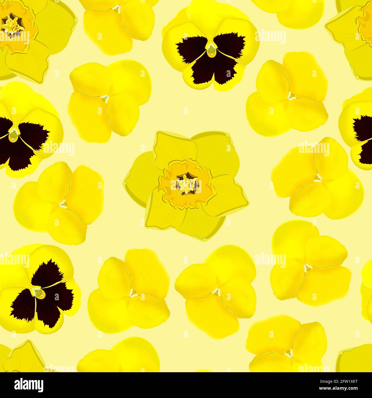 seamless patterns with pansies and daffodils on a light yellow background Stock Vector