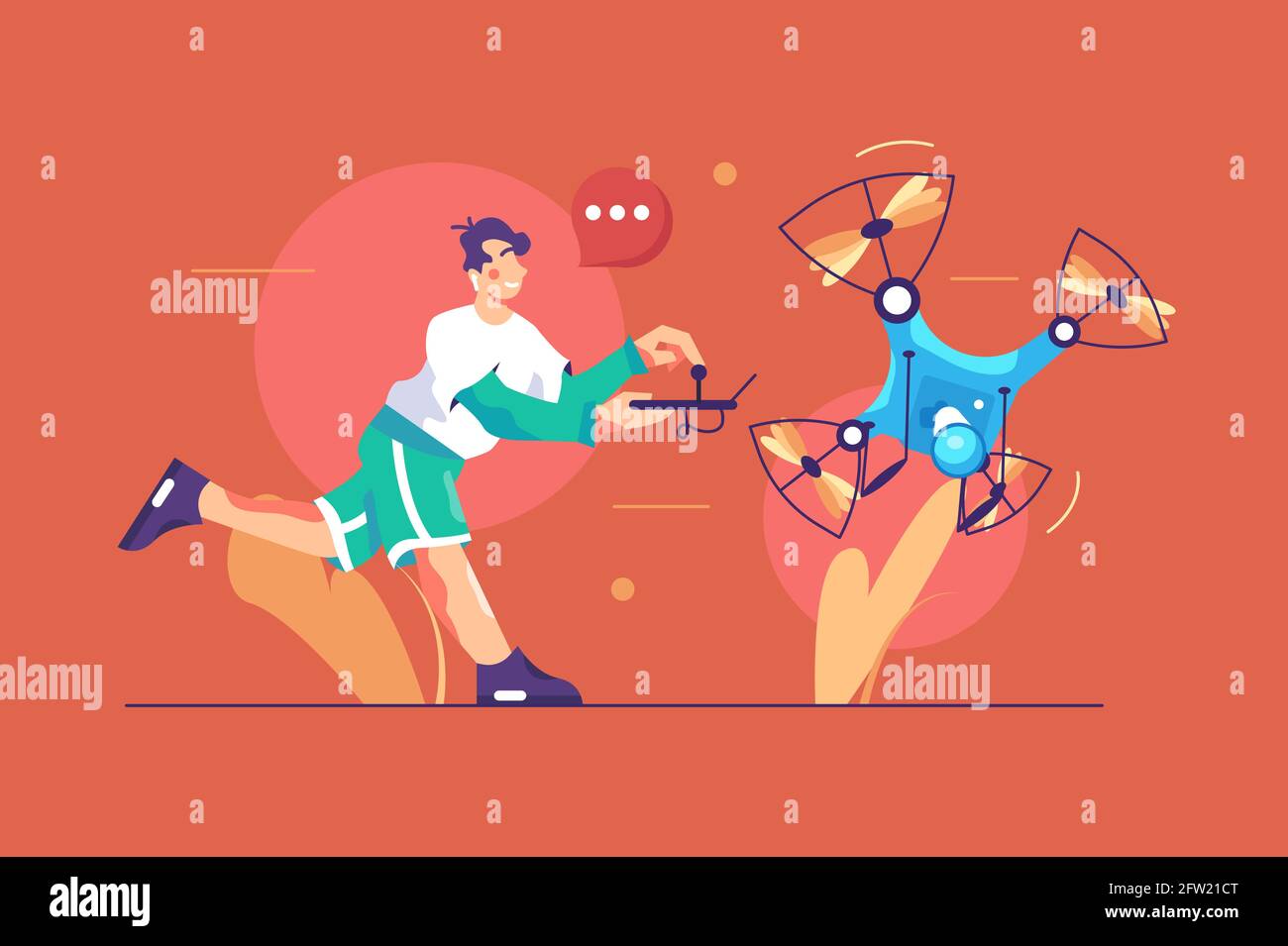 Young man control modern drone Stock Vector