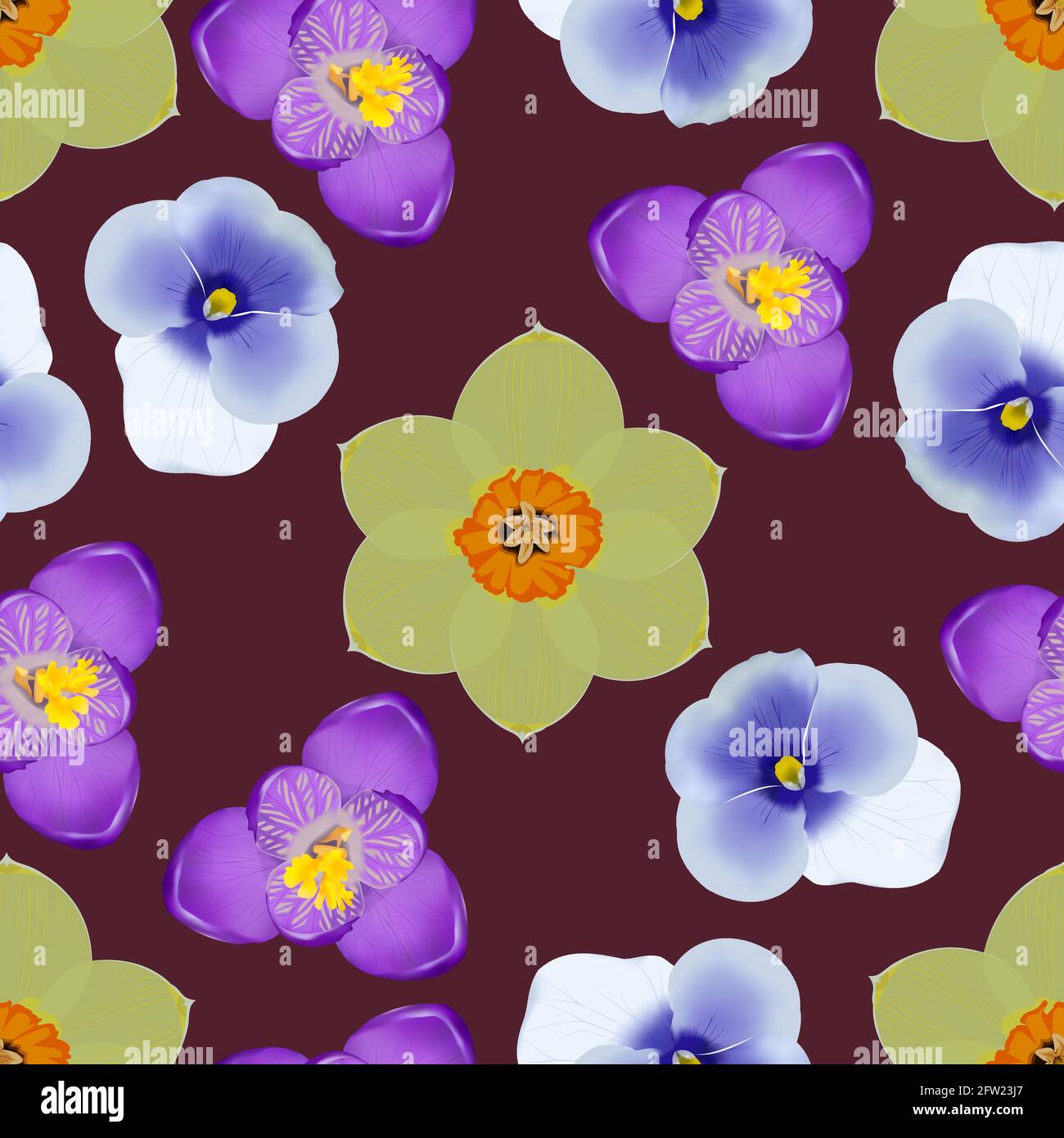 seamless patterns with pansies, crocuses and daffodils on a dark background Stock Vector