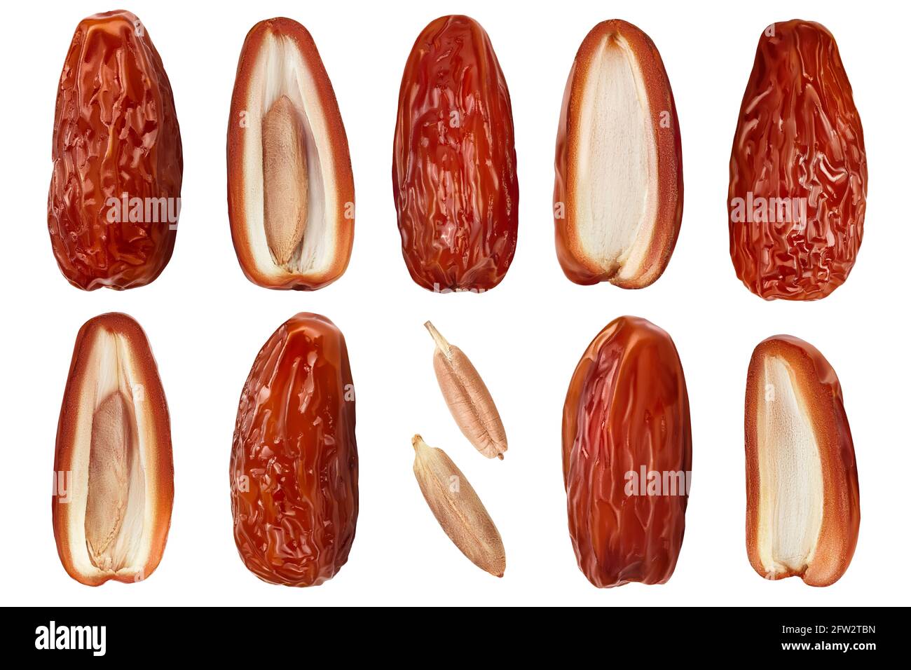 Dates isolated on white background. Top view. Flat lay. Set or collection Stock Photo