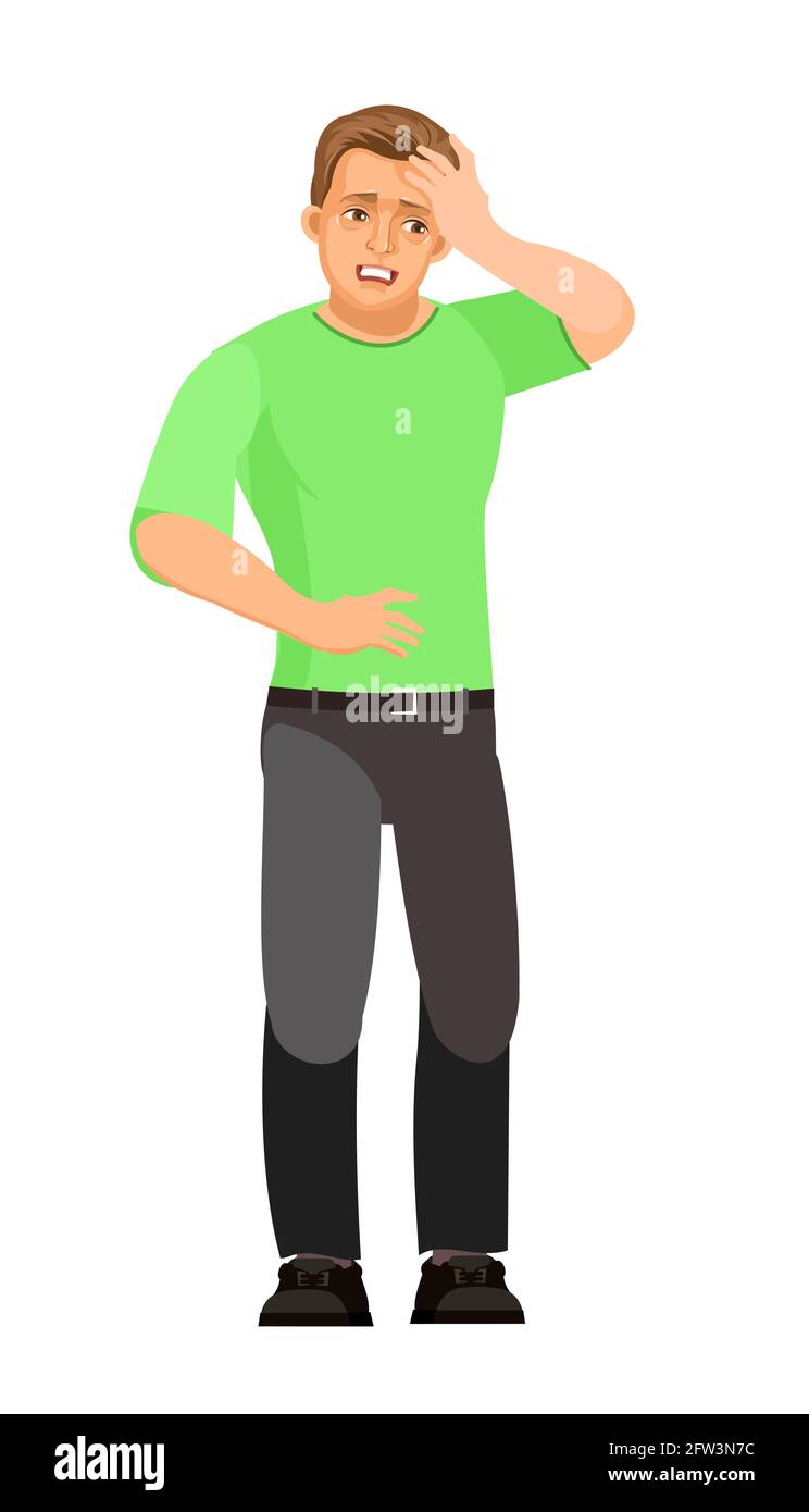 The guy is sick. Headache. Young handsome boy. Sad. In jeans and a T-shirt.  Painfully. The single is worth it. Cartoon flat style. The illustration is  Stock Vector Image & Art -
