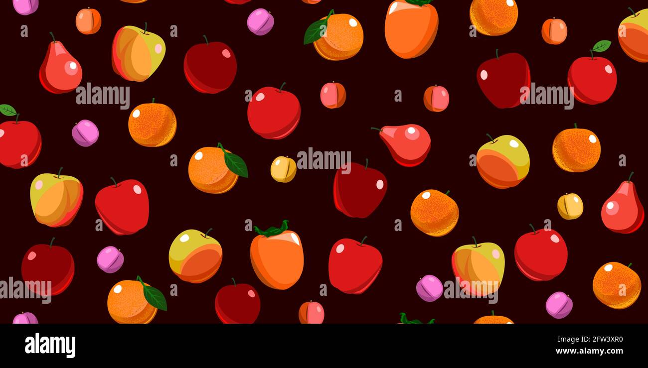 The most popular fruits are fruit trees in the tropics and temperate climates. Background image. Cartoon flat style. Apples, pears, plums, oranges, le Stock Vector