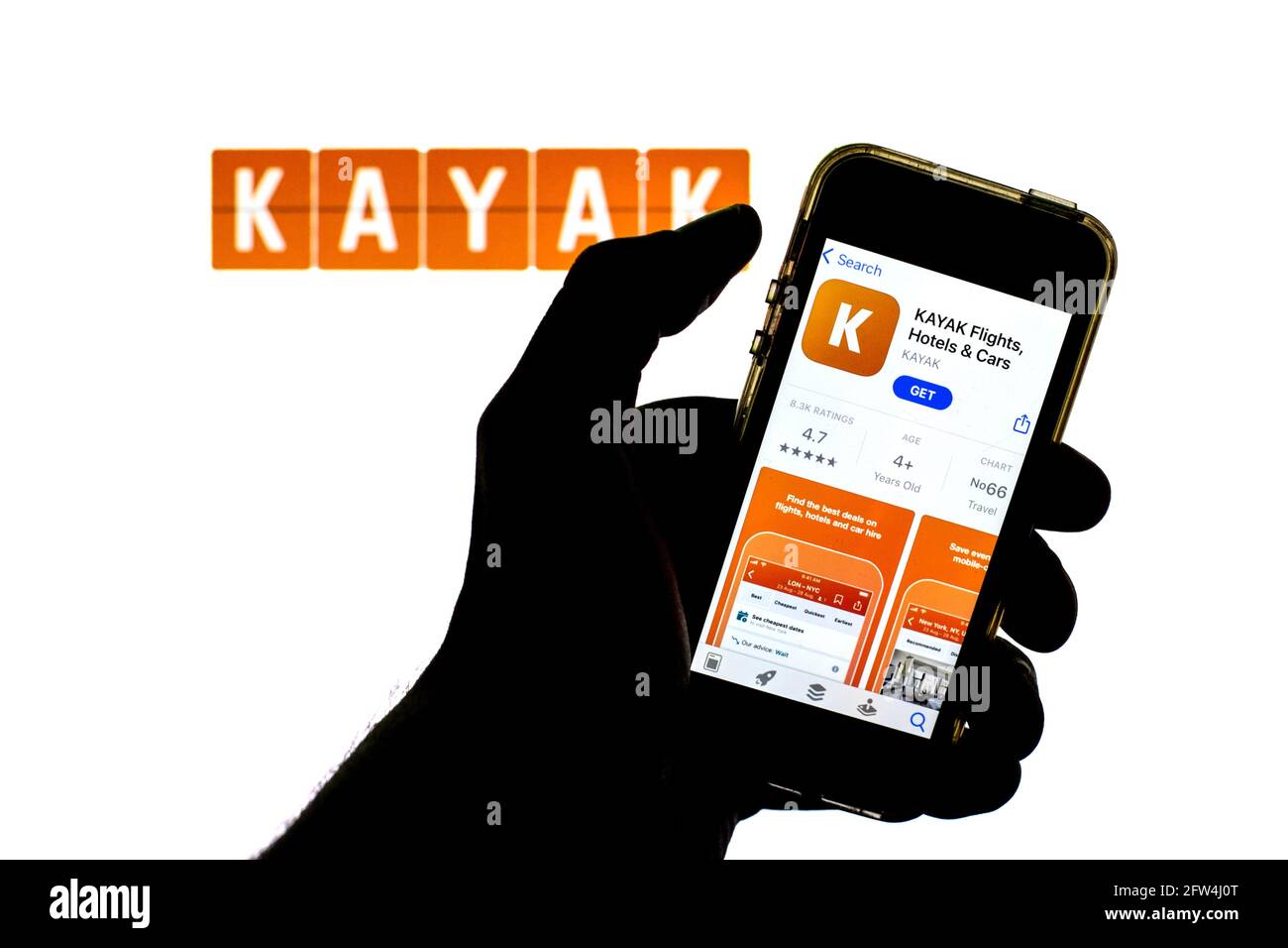 In this photo illustration of a Kayak app in the App Store seen displayed  on a smartphone with the Kayak logo in the background. (Photo by Thiago  Prudencio / SOPA Images/Sipa USA