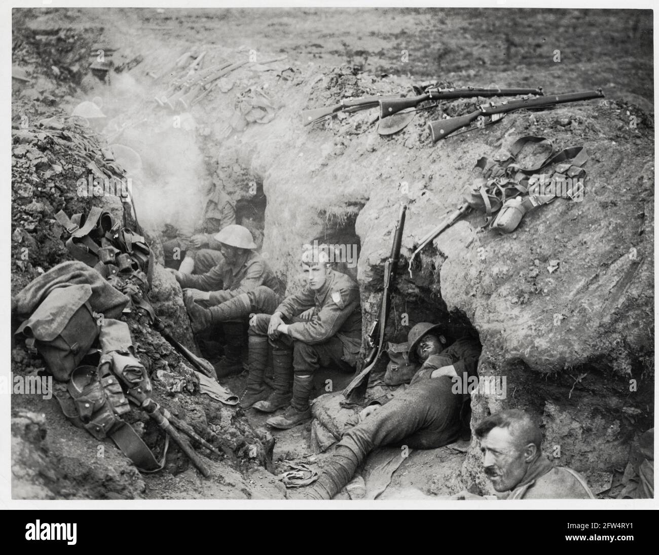 World War One, WWI, Western Front - Welsh Guards in a reserve trench, Guillemont, Somme Department, Hauts-de-France, France Stock Photo