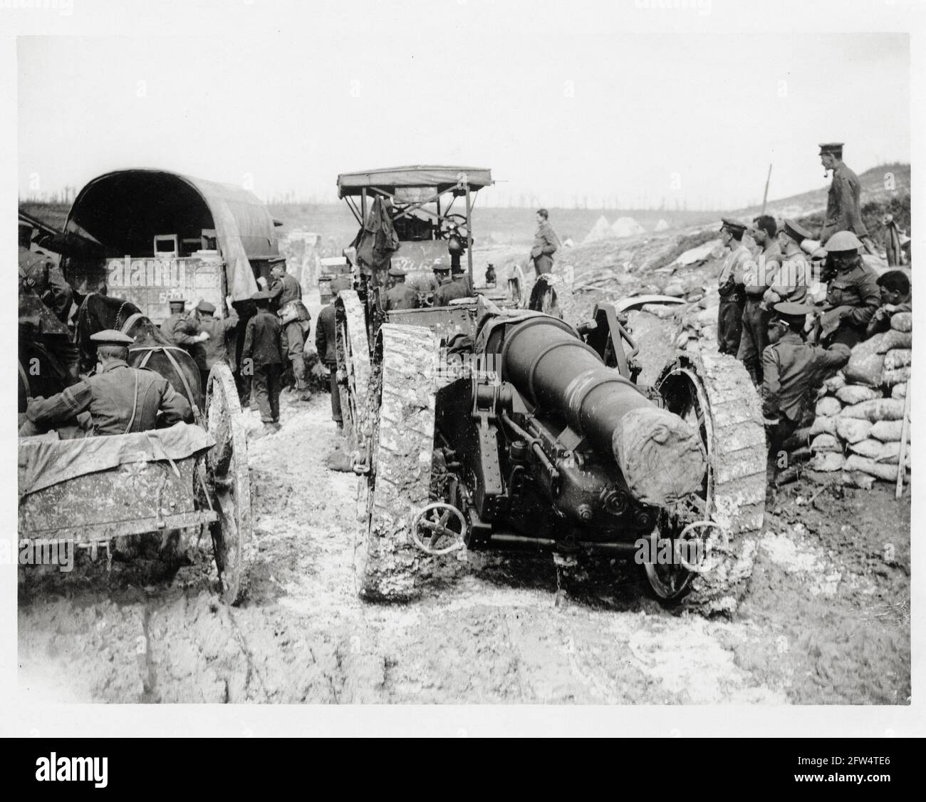 World War One, WWI, Western Front - A big gun going up in bad weather, France Stock Photo