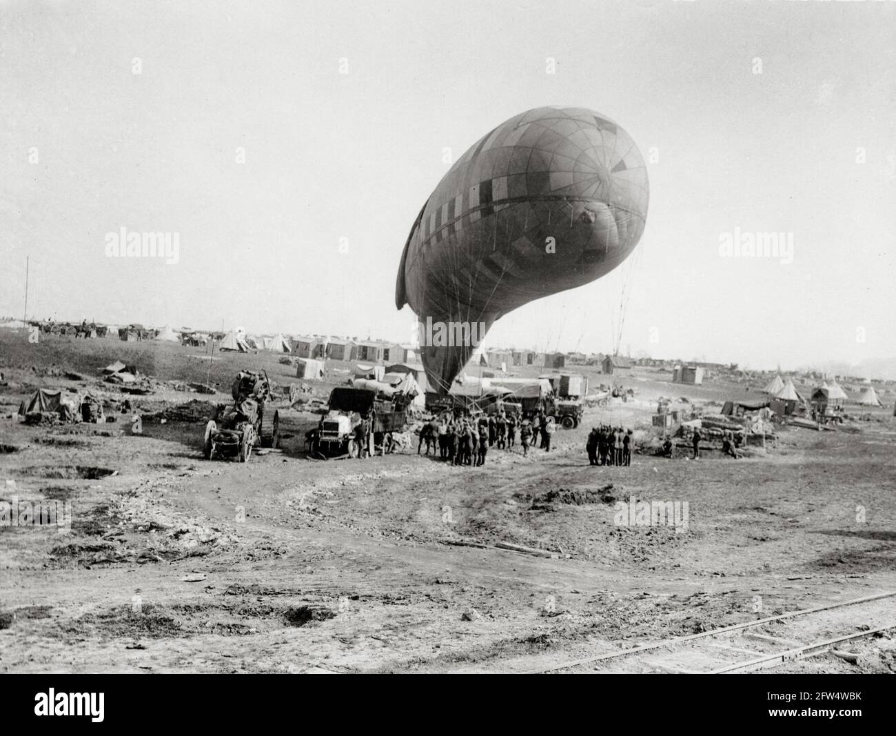World War One, WWI, Western Front - An observation balloon going up ...