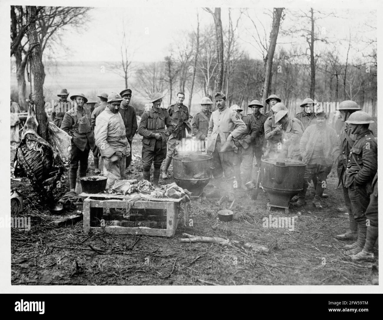 World War One, WWI, Western Front - British and French troops cooking together in a wood, France Stock Photo