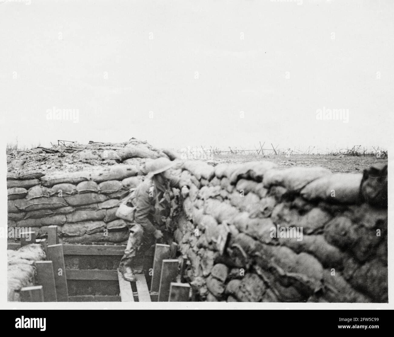 World War One, WWI, Western Front - A Look-out in a front line trench with barbed wire in No Man's Land, France Stock Photo