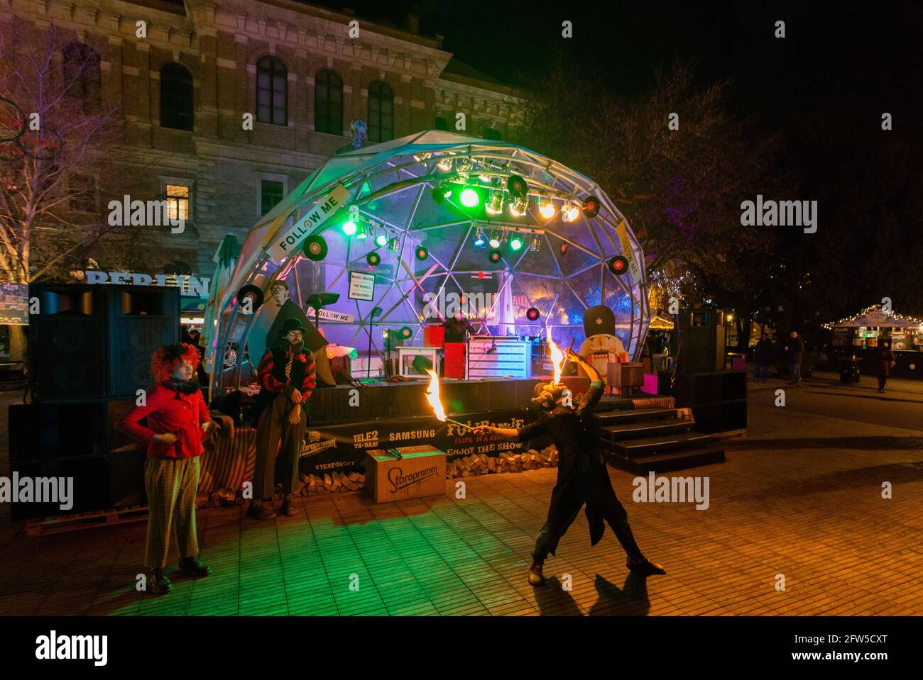 Fire eaters entertaining people during the advent in town Zagreb, Croatia Stock Photo