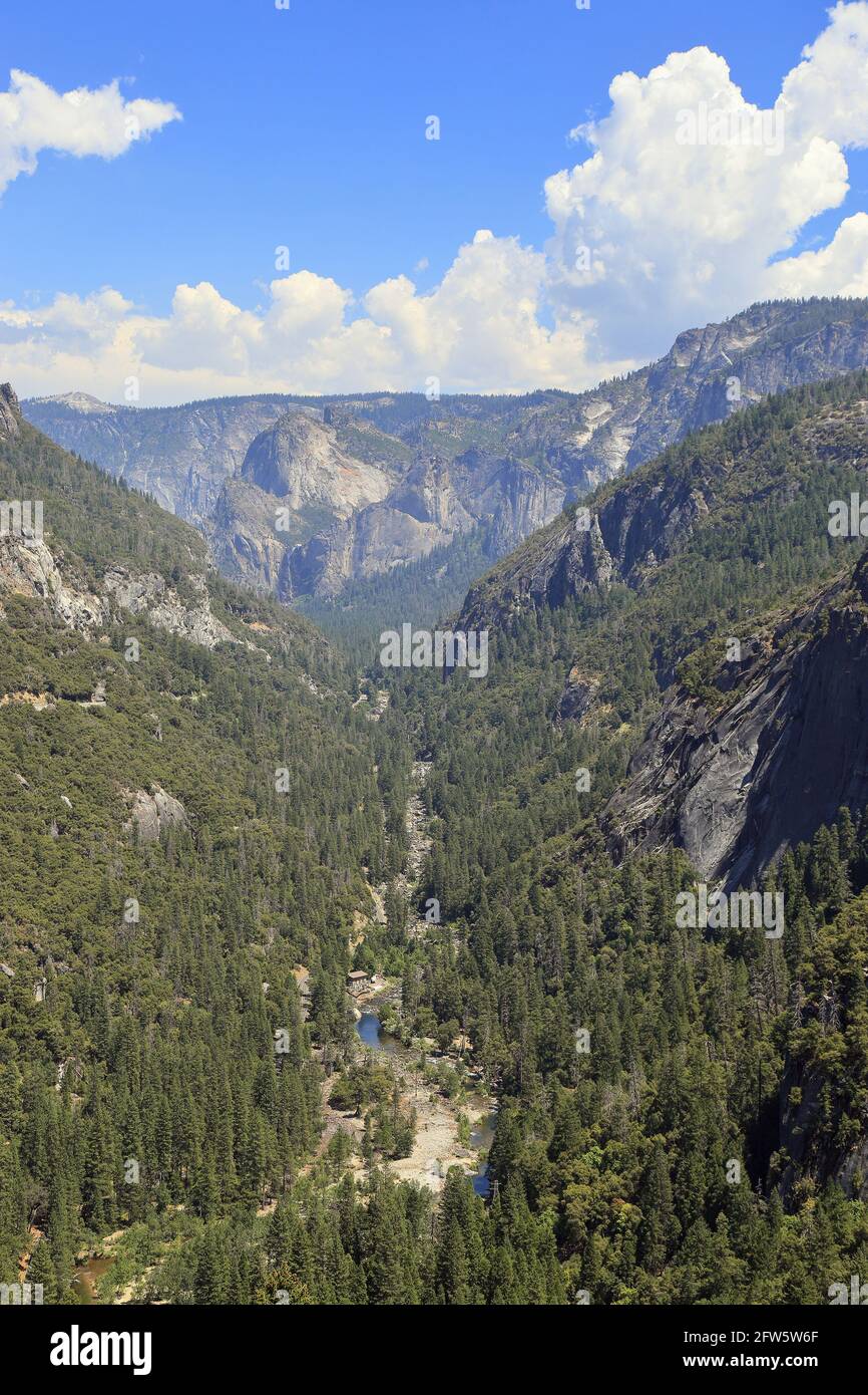 a huge valley and creek on the way to Yosemite National Park, California USA Stock Photo