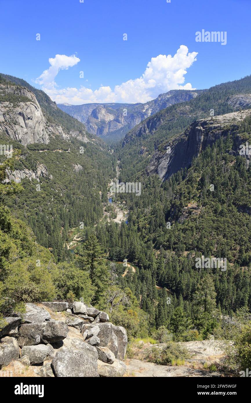 a huge valley and creek on the way to Yosemite National Park, California USA Stock Photo