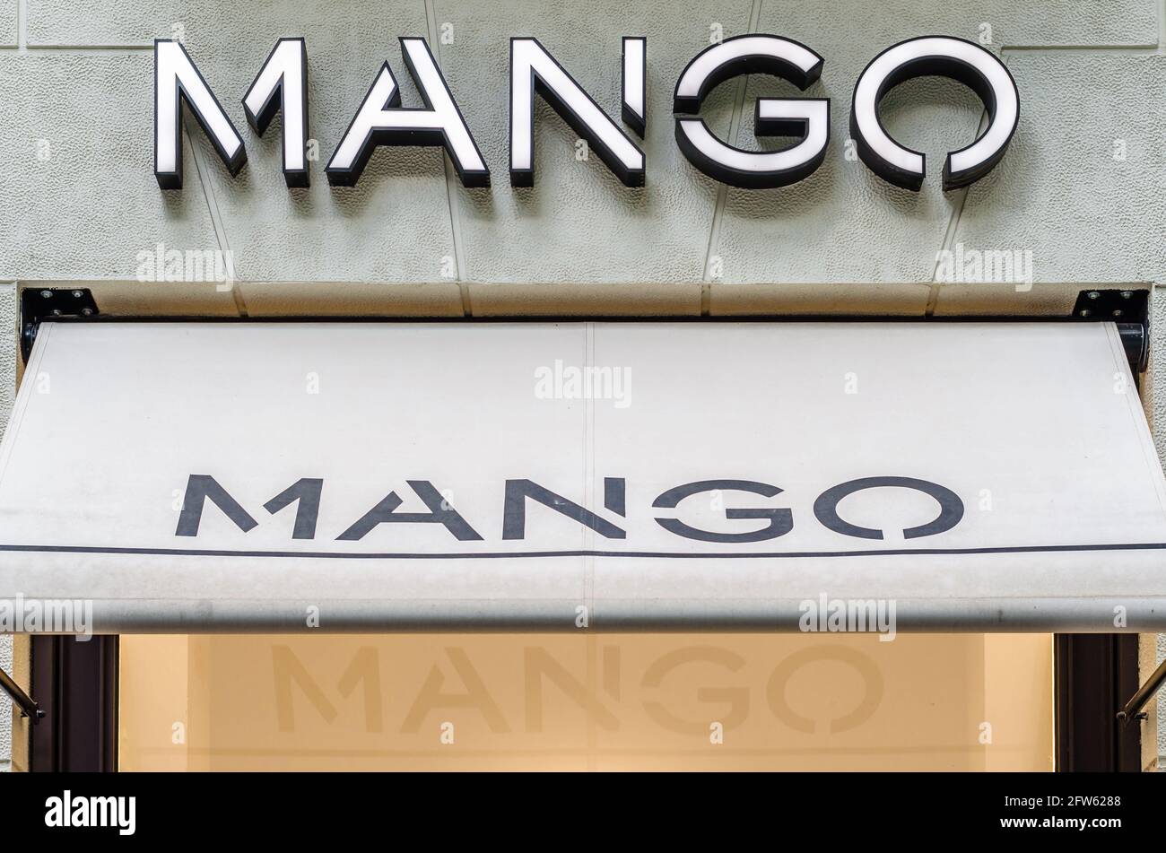 MADRID, SPAIN MAY 12, 2021 Facade of a Mango store in Madrid, Spain