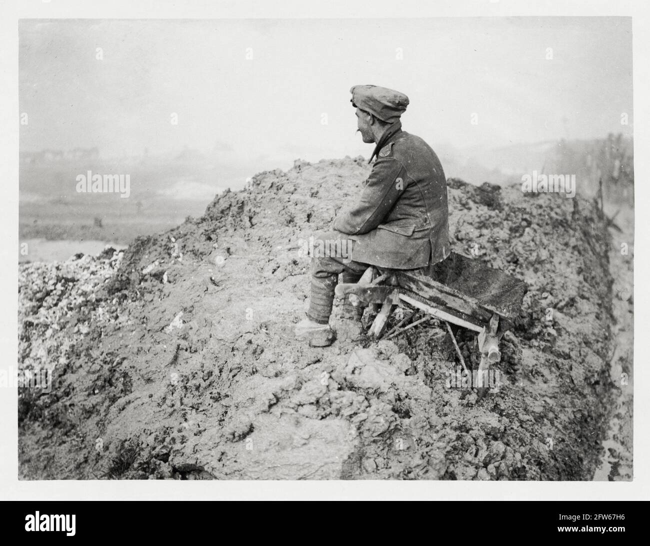 World War One, WWI, Western Front - A lone soldier sitting, France Stock Photo