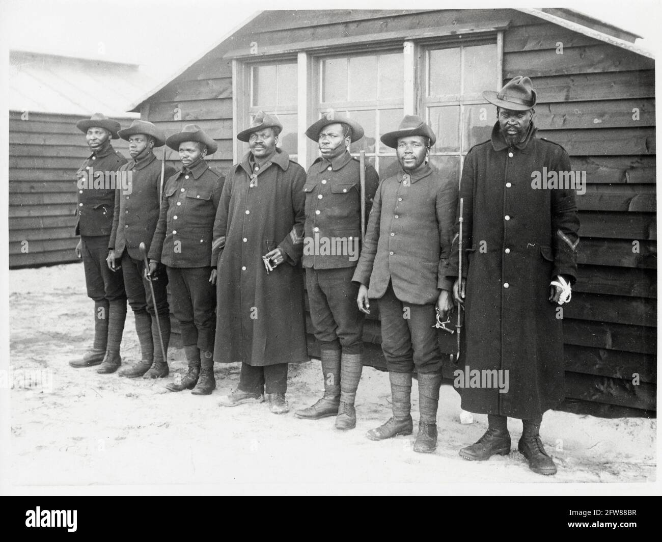 World War One, WWI, Western Front - Seven NCC Non-Combatant Corps policemen from a black labour camp, France Stock Photo