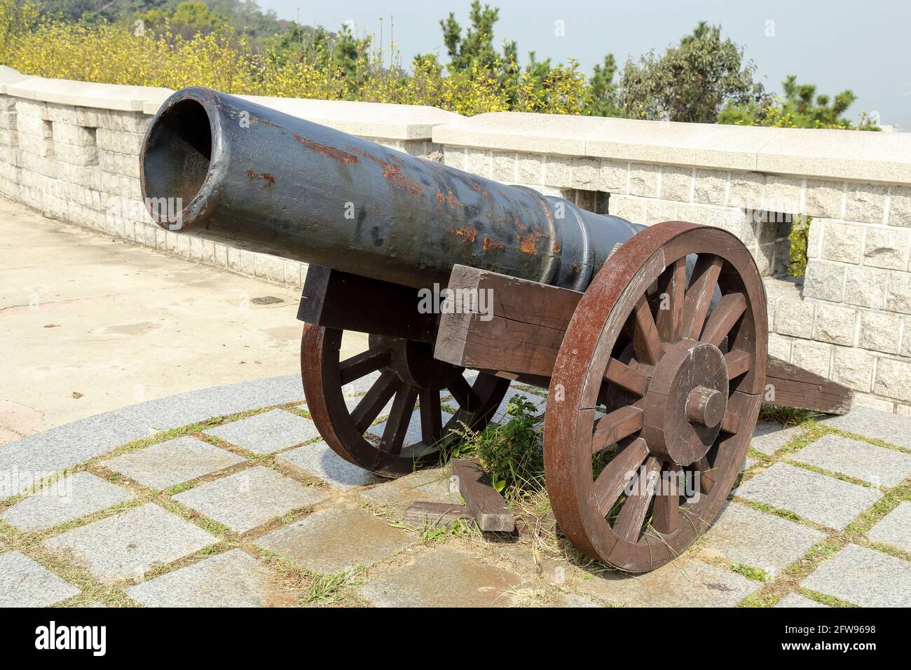 An ancient cannon at the top of an ancient fortress located in Wolmido, Incheon Korea Stock Photo