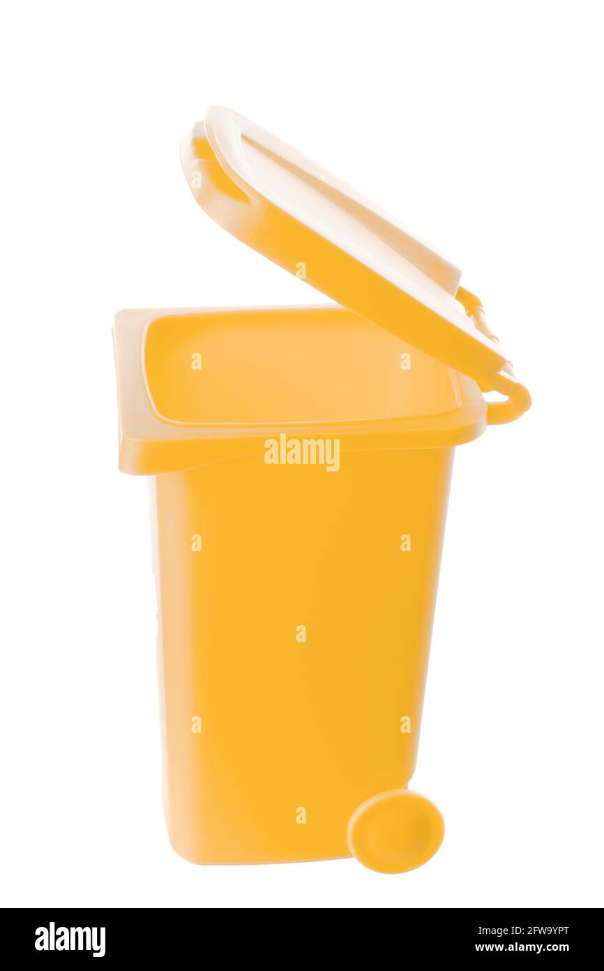 Plastic yellow trash can isolated on white background Stock Photo Alamy