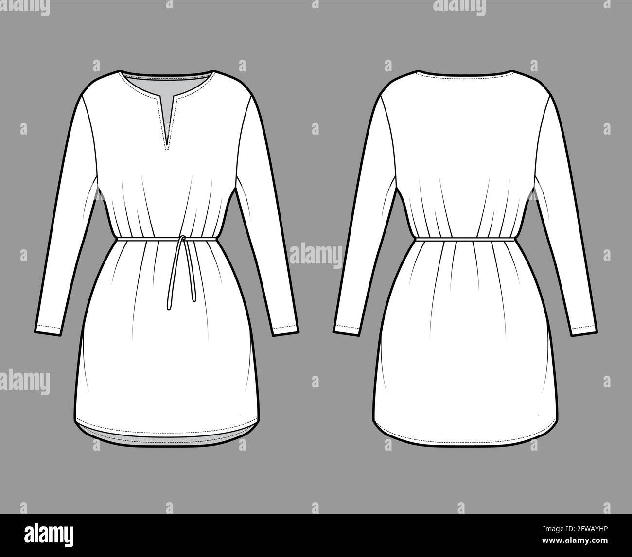 Dress tunic technical fashion illustration with tie, long sleeves, oversized body, mini length skirt, slashed neck. Flat apparel front, back, white color style. Women, men CAD mockup Stock Vector