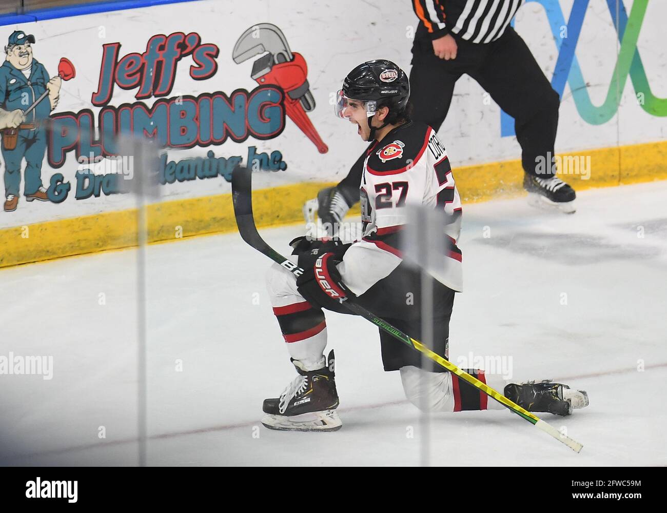 May 21, 2021: Chicago Steel forward Matt Coronato (27) celebrates after  scoring the first goal of game three of the Clark Cup championship USHL  series between the Chicago Steel and the Fargo