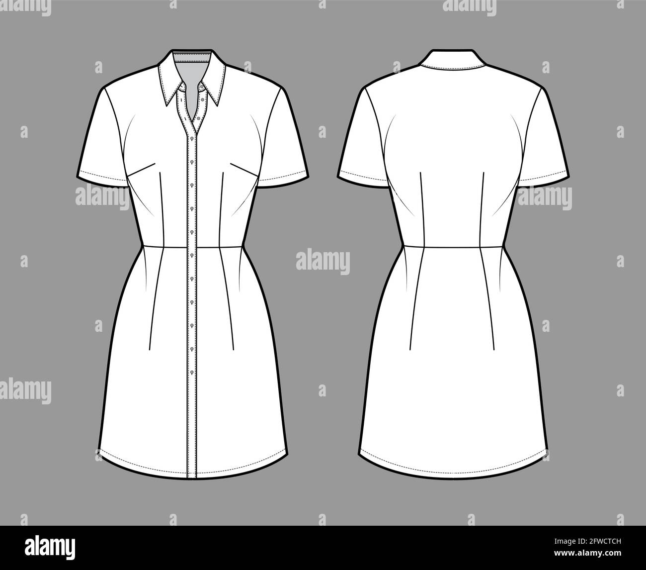 Dress shirt technical fashion illustration with short sleeves, fitted body, knee length pencil skirt, classic collar, button closure. Flat apparel front, back, white color. Women men unisex CAD mockup Stock Vector