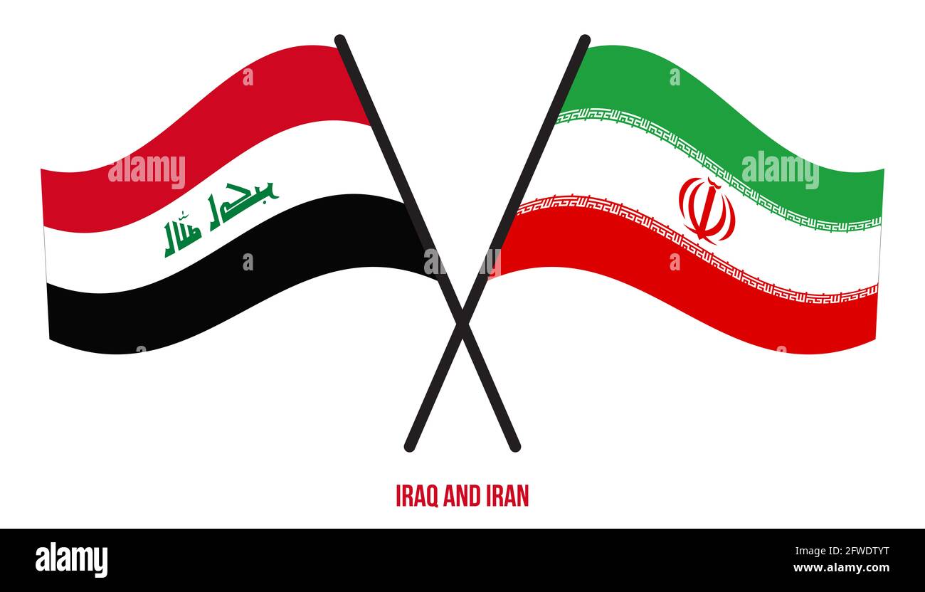 Iraq and Iran Flags Crossed And Waving Flat Style. Official Proportion. Correct Colors. Stock Photo