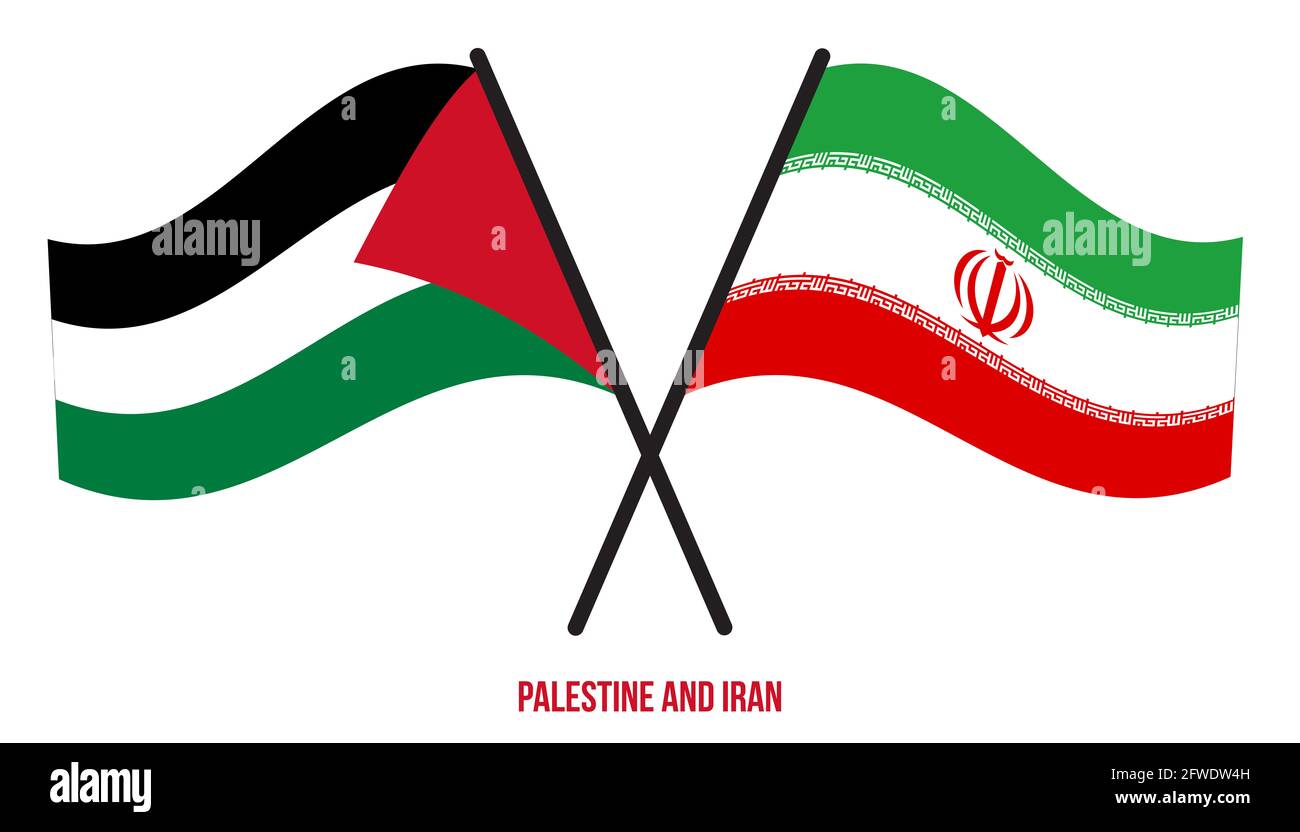 Palestine and Iran Flags Crossed And Waving Flat Style. Official Proportion. Correct Colors. Stock Photo