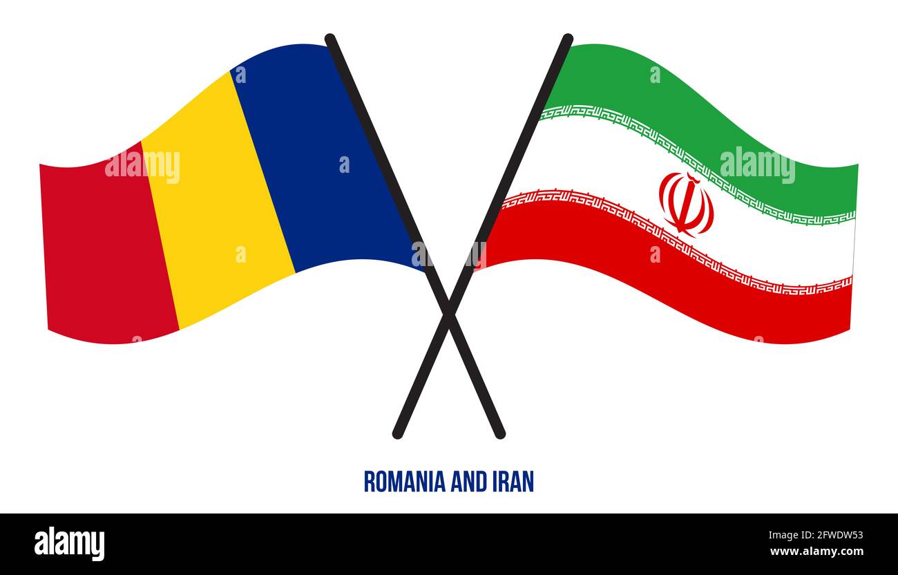 Romania and Iran Flags Crossed And Waving Flat Style. Official Proportion. Correct Colors. Stock Photo